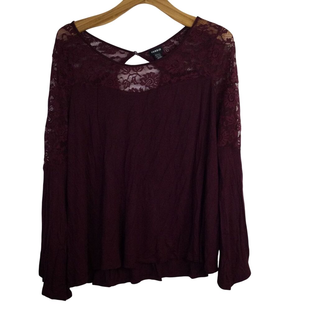 Torrid Womens Boat-Neck Lace Detailing Blouse Top Long Sleeves Wine Size 2X